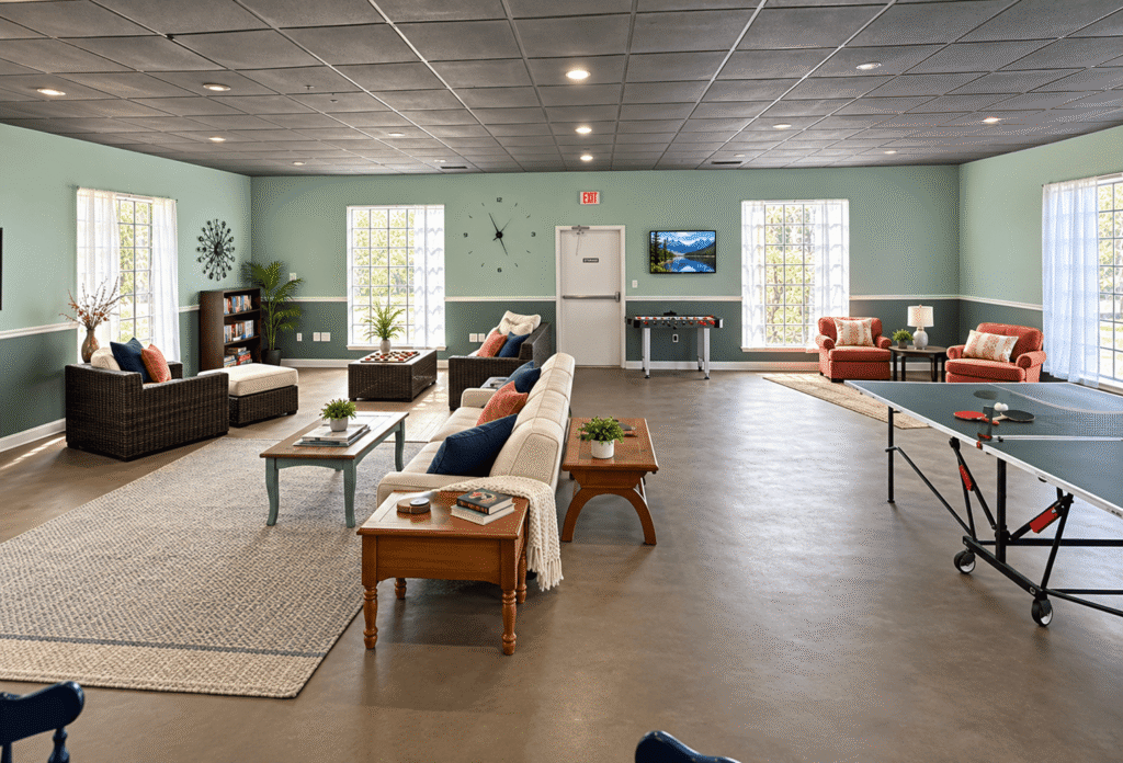 Spacious community room with seating, games, and ping pong table.