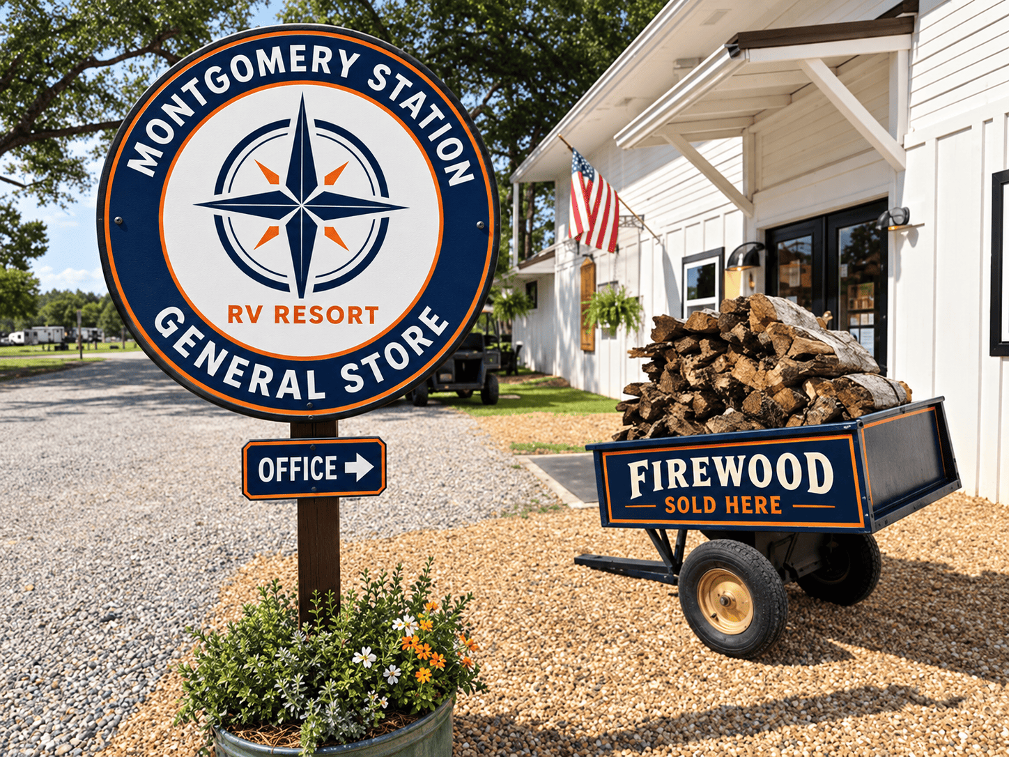 Firewood cart beside the office at Montgomery Station RV Resort