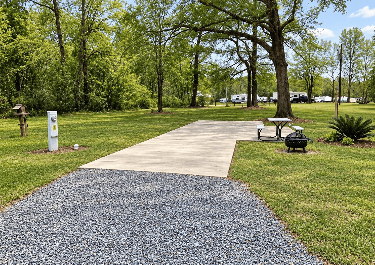 Full-hookup RV site with concrete pad, picnic table and fire pit at Montgomery Station