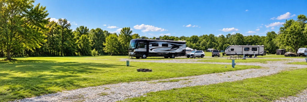Spacious pull-through RV sites surrounded by green lawns and trees.