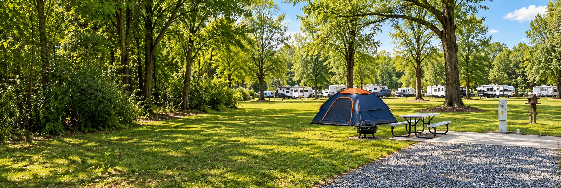 Tent set up on a grassy site with picnic table and fire ring at Montgomery Station RV Resort